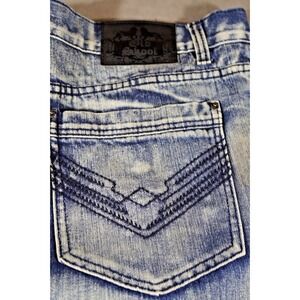 Old Skool Mens Jeans 40x33 Blue Straight Fit Denim Distressed Embroidered Pocket